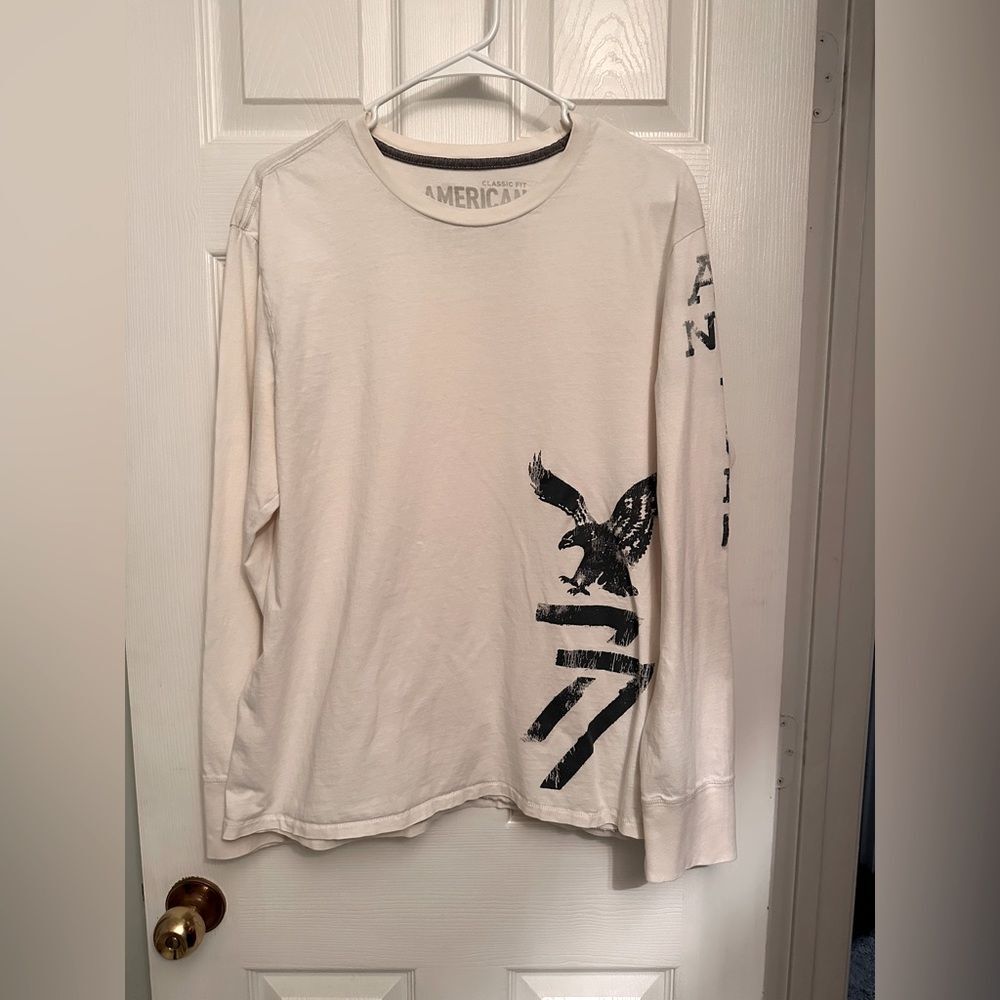 AMERICAN EAGLE Boys Young Men’s Cream Off White Long Sleeve T shirt Size Large